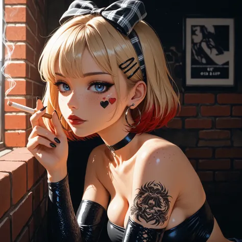 24 year old girl, leaning back against old brick wall, tattoo sleeve, juicy full lips, glossy lips, view from side, blue eyes, dark makeup, dark eyeliner, dark red shiny lipstick, alt girl, holding cigarette, black fingernails, black choker, close up, 1gir...