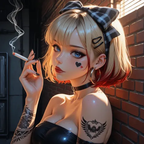 24 year old girl, leaning back against old brick wall, tattoo sleeve, juicy full lips, glossy lips, view from side, blue eyes, dark makeup, dark eyeliner, dark red shiny lipstick, alt girl, holding cigarette, black fingernails, black choker, close up, 1gir...