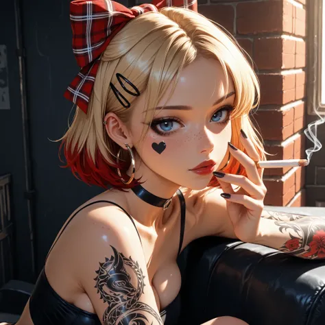 24 year old girl, leaning back against old brick wall, tattoo sleeve, juicy full lips, glossy lips, view from side, blue eyes, dark makeup, dark eyeliner, dark red shiny lipstick, alt girl, holding cigarette, black fingernails, black choker, close up, 1gir...