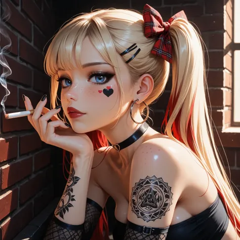 24 year old girl, leaning back against old brick wall, tattoo sleeve, juicy full lips, glossy lips, view from side, blue eyes, dark makeup, dark eyeliner, dark red shiny lipstick, alt girl, holding cigarette, black fingernails, black choker, close up, 1gir...