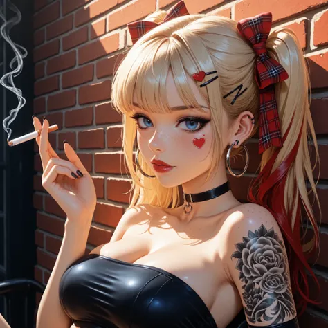 24 year old girl, leaning back against old brick wall, tattoo sleeve, juicy full lips, glossy lips, view from side, blue eyes, dark makeup, dark eyeliner, dark red shiny lipstick, alt girl, holding cigarette, black fingernails, black choker, close up, 1gir...