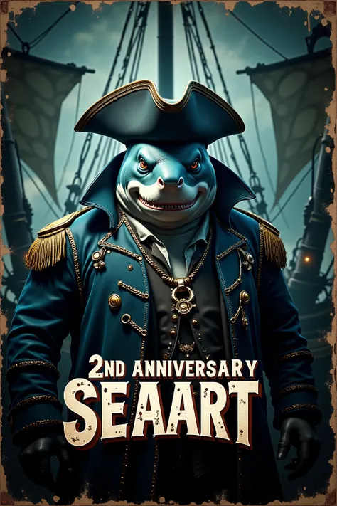 Create a cinematic poster featuring photorealistic portrait of Dressed animals - a ((fat)) (shark) pirate, , wearing pirate costume and pirate hat , with a serious, intense expression, He should be slightly off-center in the composition, The background s...