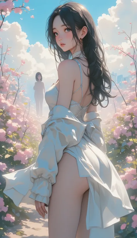 (((vaporwave))), (((( masterpiece)))), (((( top quality)))), high resolution,fine grain, Detailed Faces, 非常にDetailed Facesの描写, ただ図む巨乳の少女の遠景