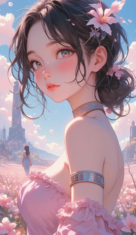 (((vaporwave))), (((( masterpiece)))), (((( top quality)))), high resolution,fine grain, Detailed Faces, 非常にDetailed Facesの描写, ただ図む巨乳の少女の遠景