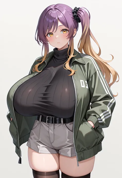 (masterpiece, best quality, perfect hands, perfect fingers), 1woman, solo, hijiri_byakuren,
purple hair, blonde hair, two-tone hair, gradient hair,
side ponytail, black scrunchie,
open clothes, green jacket, long sleeves, black sweater, turtleneck, bl...