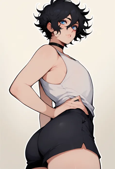 1boy, femboy, curvy body, wide wips, thick thighs, black hair, short hair, blue eyes, looking at viewer, simple background, hair between eyes, messy hair, black choker, white tank top, sports booty shorts, cowboy shot angle, curvy body, sexy body, round as...
