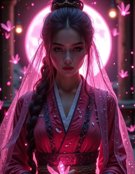 hyperrealistic, photo, masterpiece, stunning, best quality,
Full potrait Samurai kimono sakura princess. Glowing eyes, bridal veil, see through, blade princess, sakura pink moon, dark theme, high pink contrast, dramatic
perfect lighting, professional, high...