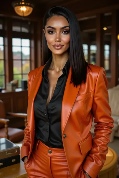 Valentina Maceri, a beautiful female business executive wearing an orange leather Armani business suit with a open black buttondown shirt, wet slicked back black hair, strong seductive makeup, bedroom eyes, cinematic lighting, a corporate photography, top...