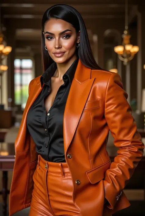 Valentina Maceri, a beautiful female business executive wearing an orange leather Armani business suit with a open black buttondown shirt, wet slicked back black hair, strong seductive makeup, bedroom eyes, cinematic lighting, a corporate photography, top...