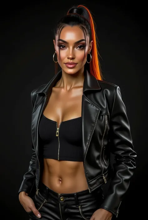 Gorgeous steampunk woman (Valentina Maceri) with very short straight hair in a high ponytail, wet hair, hair slicked back, combed straight back, slick hair, black to orange gradient hair, wearing a leather jacket with nothing underneath and mini skirt, per...