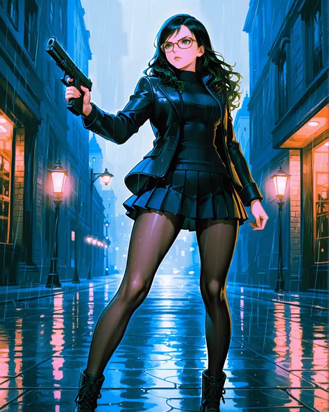 masterpiece, best quality, absurdres, highres, newest, 1girl, black hair, wavy hair, side pigtail hair, emerald green eyes, (glasses), lips, serious expression, dark blue lethal jacket, black pinstriped sweater, (dark blue pleated skirt, miniskirt), full b...