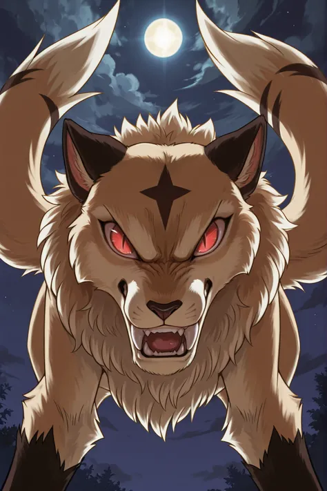 Kirara (transformed), solo, no humans, slit pupils, fangs out, red eyes, tan fur, two tails, black diamond mark on head, detailed fur, detailed teeth, looking at viewer, front view, open mouth, snarling, angry, nighttime, backlighting