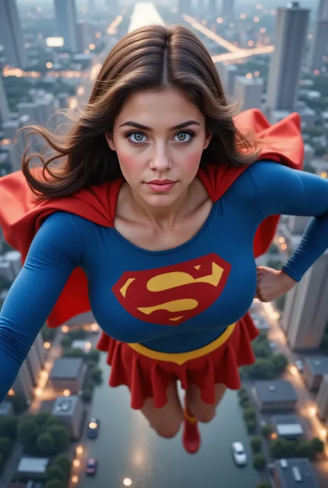 blue eyed nerdy sexy supergirl, highly detailed, 8K, photorealistic, hyperrealistic, masterpiece, realistic, sharp focus, vivid colors, dynamic pose, confident expression, flawless skin, piercing eyes, long dark hair, powerful physique, flying through the ...