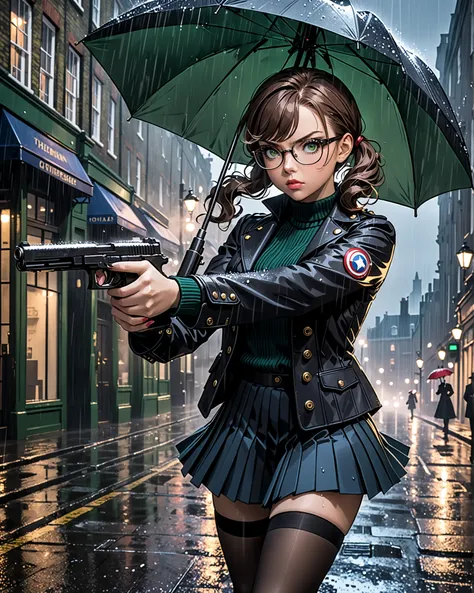 masterpiece, best quality, absurdres, highres, newest, 1girl, age:29 years, (black hair), wavy hair, side pigtail hair, emerald green eyes, (glasses), lips, serious expression, dark blue lethal jacket, black pinstriped sweater, (dark blue pleated skirt, mi...