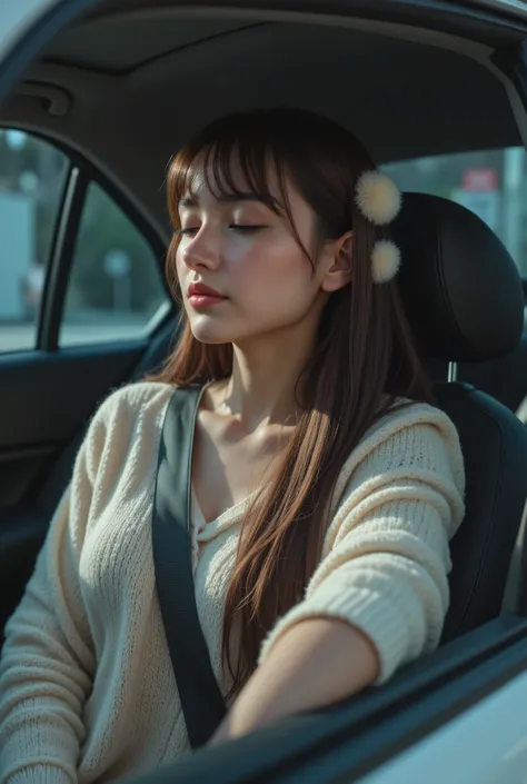 Pic from side angle, ((moles ob her face and chest)) peaceful, bangs, hair accessory pom-poms, closed eyes, neutral facial expression, long straight hair, casual clothing, knit cardigan, seatbelt across chest, sitting, indoor car environment, relaxed postu...