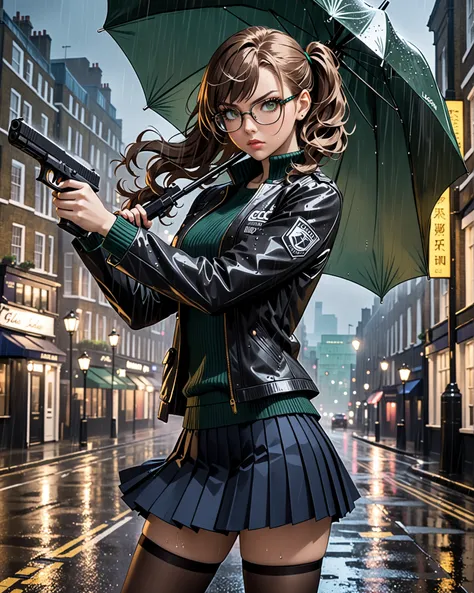 masterpiece, best quality, absurdres, highres, newest, 1female, twenty-nine year old female,black hair, wavy hair, side pigtail hair, emerald green eyes, (glasses), lips, serious expression, dark blue lethal jacket, black pinstriped sweater, (dark blue ple...