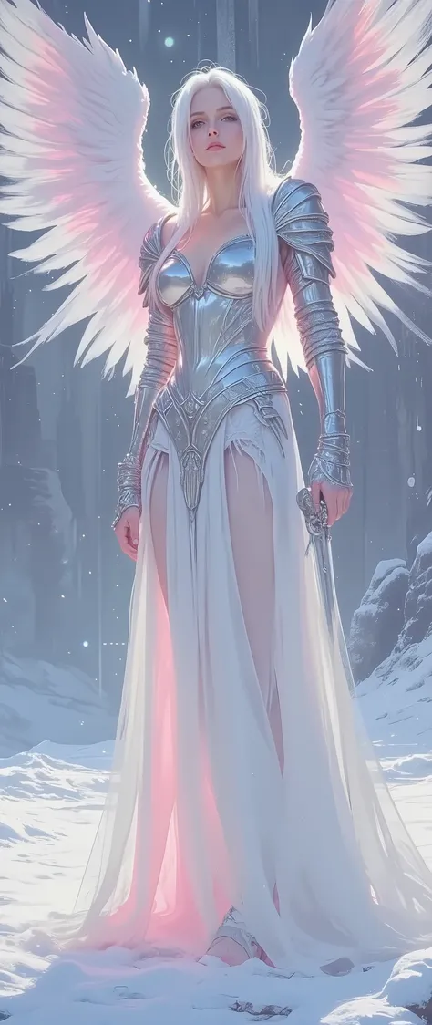 The figure of a young, beautiful angel girl with large blue and white wings is full-length, with a beautifully curved body, half-turned, slightly turning her head towards the viewer, young, with very beautiful young features, beautiful transparent, finely ...