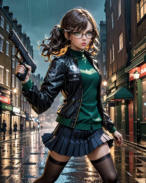 masterpiece, best quality, absurdres, highres, newest, 1female, twenty-nine year old female,black hair, wavy hair, side pigtail hair, emerald green eyes, (glasses), lips, serious expression, dark blue lethal jacket, black pinstriped sweater, (dark blue ple...