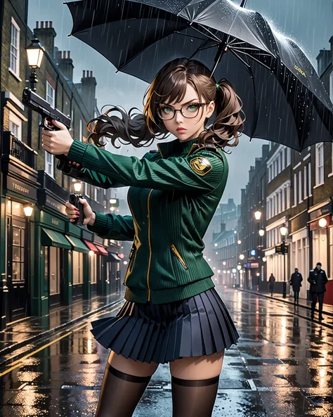 masterpiece, best quality, absurdres, highres, newest, 1female, twenty-nine year old female,black hair, wavy hair, side pigtail hair, emerald green eyes, (glasses), lips, serious expression, dark blue lethal jacket, black pinstriped sweater, (dark blue ple...