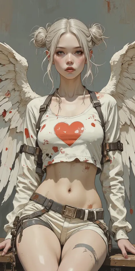 age girl, light gray hair in twin buns, adorned with small red hearts. Pale skin, with light-gray eyes and small, delicate red heart-shaped markings on cheeks. Serious, almost melancholic expression. age girl with a distressed, slightly edgy, cosplay ...