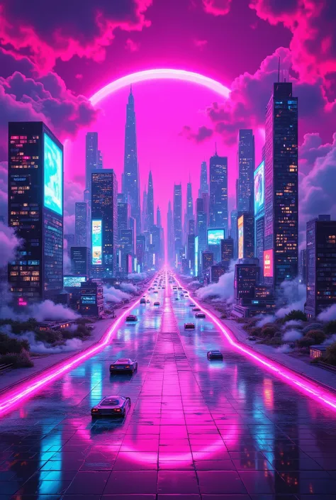 {{A ((surreal)) depiction of {((a futuristic city skyline at night with glowing neon buildings and glitching billboards))}} with {((retro-futuristic cars hovering above retro-style grid highways under a digital sky))}. This is a {((vaporwave with cyberpunk...