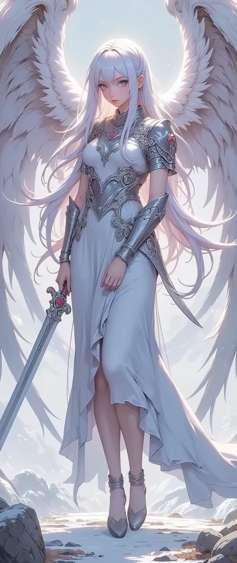 The figure of a young, A beautiful angel girl with large blue and white full-length wings, with a beautifully curved body, half-wrapped , slightly turning her head towards the viewer, young, with very beautiful young features, beautiful transparent, finely...