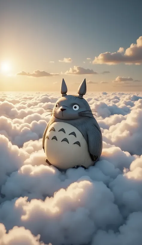 masterpiece, ultra high resolution, 8K, hyper-realistic style, Ghibli-inspired, Totoro standing peacefully on top of the clouds, soft fluffy clouds stretching endlessly, golden sunlight streaming through the sky, magical atmosphere, dreamy and emotional mo...