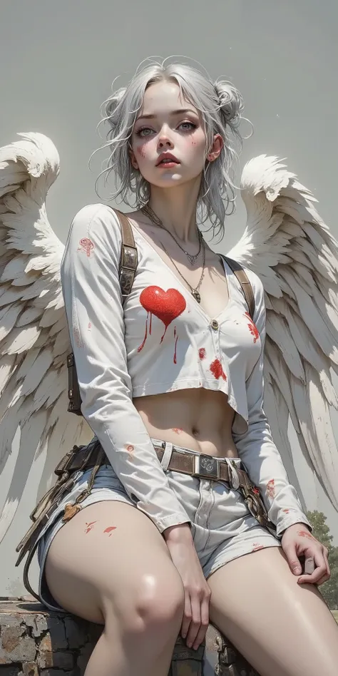 age girl, light gray hair in two bundles, adorned with small red hearts. pale skin, patterns with light gray eyes and small, gentle red heart-shaped markings on the cheeks. serious, almost a melancholic expression. age girl with a distressed, slightly ...