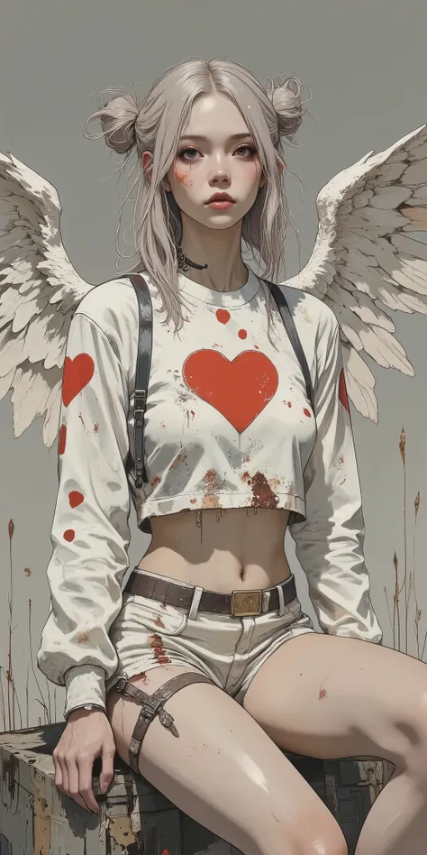 age girl, light gray hair in two bundles, adorned with small red hearts. pale skin, patterns with light gray eyes and small, gentle red heart-shaped markings on the cheeks. serious, almost a melancholic expression. age girl with a distressed, slightly ...