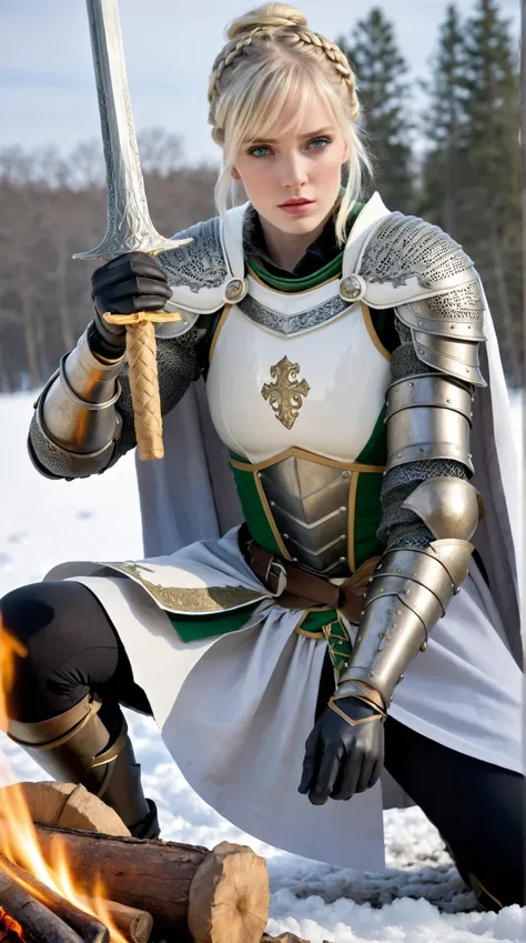 (masterpiece), best quality, expressive eyes, perfect face, blond hair, blue yellowish eyes, latex gloves, white capes, black leggings, light armor, skirts, iron shoes, knight woman, pale skin, yandere, leda hair ribbon, ribbon, braid, single hair bun, bra...
