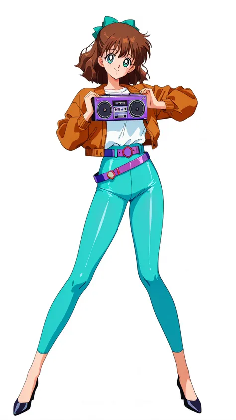 masterpiece, best quality, very aesthetic, absurdres, 80s fashion, neon colors, airbrushed shading, dynamic pose, fashion model proportions, solo, naru osaka, brown hair, medium hair, wavy hair, bun, hair bow, teal eyes, bright smile, layered white shirt, ...
