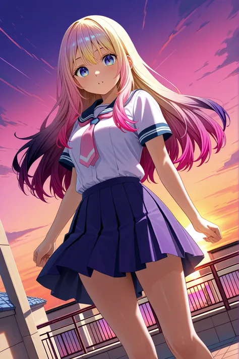 huge filesize,1girl,(purple pink gradient hair:1.5),hair that glows gold,blue purple eyes,high school girl,skirt length with 6cm inseam,uniform,(shocking pink sunset gradient:1.5),dutch angle,(backlight:1.2),(Standard Dynamic Range:1.2),rooftop,very big,