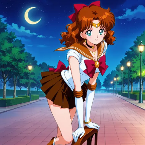 masterpiece, best quality, very aesthetic, absurdres, jewelry, earrings, bracelet, necklace, 1 girl, cute face, medium breast, alone, brown hair, medium length hair, wavy hair, bun, hair bow, teal eyes, sailor senshi uniform, back bow, Brown sailor collar,...