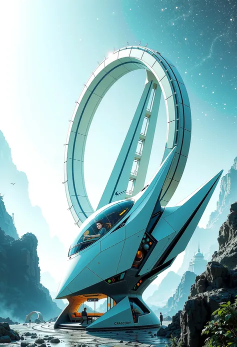 space cruiser, looks like a ball with a pointed body on the sides Huge Wings, It has beautiful glass, The beautiful upholstery of the ship,  Flies to a Starship resembling the shape of a Tower Circle only down with ring-shaped steps, Cosmic Admiration,