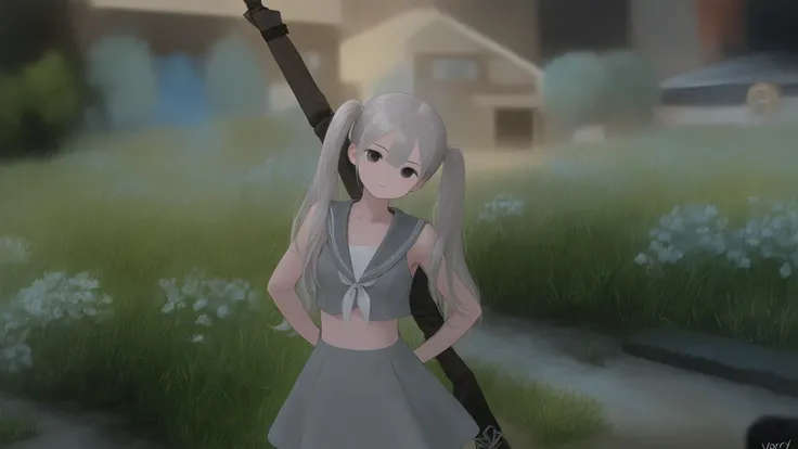 On a bright spring day, a girl wearing a gray suit with ivory hair and black eyes takes a walk in the garden, Keep your pupil size reasonable