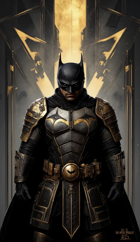 (best quality, 128k,highres,masterpiece:1.2),ultra-detailed,(realistic,photorealistic,photo-realistic:1.37), ((masterpiece)) ((photography)) ((Highest quality)) an Art Deco illustration of Batman as a samurai. His armor should combine traditional samurai ...