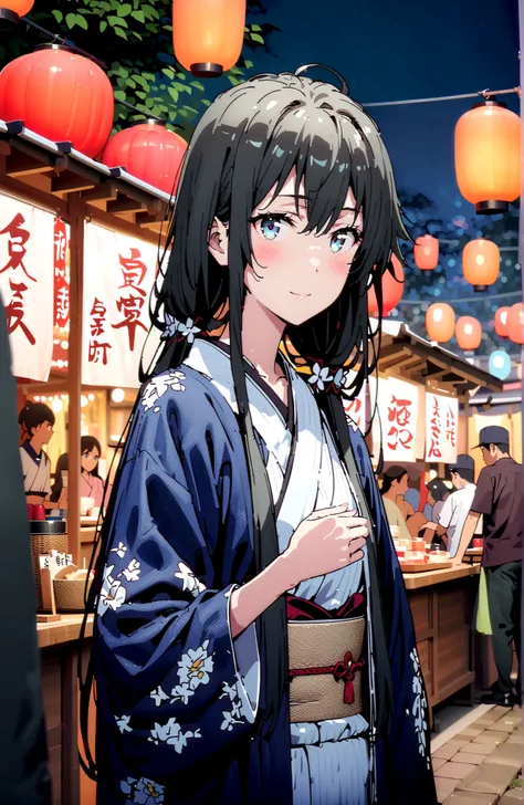  Yukinoshita Yukino , Yukinoshita Yukino, solo,black hair, blue eyes,stupid hair,Low Twin Tails,long hair,White flower pattern kimono,flower hair ornament,smile,blush,close your mouth,Light up fireworks,Japanese stalls ,Red Lantern,crowd,night,standing,ful...