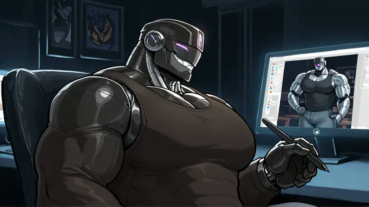 Handsome adult male muscle robot, casual composition, confident and dominant expression, cool formal color palette, artistic shadows, Semi-realistic style ,  Detailed design , lighting of a pc screen,  in a dark room, profile photo style, friendly logo, po...