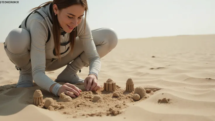 A young woman in a futuristic space suit, kneeling on a sandy planet, building intricate sandcastles with a serene expression. The scene is framed mid-shot, with the vast, barren landscape of the planet in the background. Soft, diffused lighting highlights...