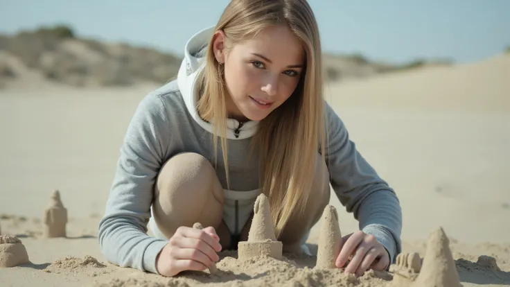 A young woman in a futuristic space suit, kneeling on a sandy planet, building intricate sandcastles with a serene expression. The scene is framed mid-shot, with the vast, barren landscape of the planet in the background. Soft, diffused lighting highlights...