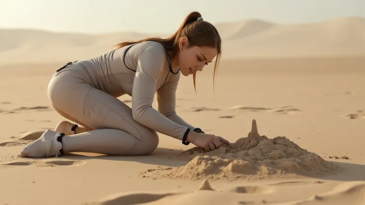 A young woman in a futuristic space suit, kneeling on a sandy planet, building intricate sandcastles with a serene expression. The scene is framed mid-shot, with the vast, barren landscape of the planet in the background. Soft, diffused lighting highlights...