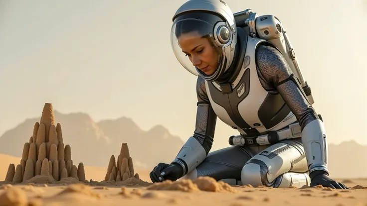 A young woman in a futuristic space suit, kneeling on a sandy planet, building intricate sandcastles with a serene expression. The scene is framed mid-shot, with the vast, barren landscape of the planet in the background. Soft, diffused lighting highlights...