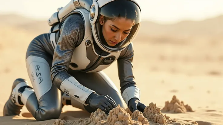 A young woman in a futuristic space suit, kneeling on a sandy planet, building intricate sandcastles with a serene expression. The scene is framed mid-shot, with the vast, barren landscape of the planet in the background. Soft, diffused lighting highlights...