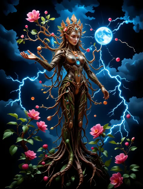 an illustration of a Plant Maiden, with a majestic figure and a harmonious blend of green and pink colors. Her body is adorned with mechanical bark, covered in moss, and enhanced by glowing metal leaf details. Her arms extend tendrils that she controls wi...