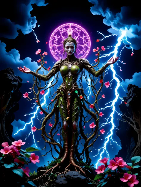 an illustration of a Plant Maiden, with a majestic figure and a harmonious blend of green and pink colors. Her body is adorned with mechanical bark, covered in moss, and enhanced by glowing metal leaf details. Her arms extend tendrils that she controls wi...
