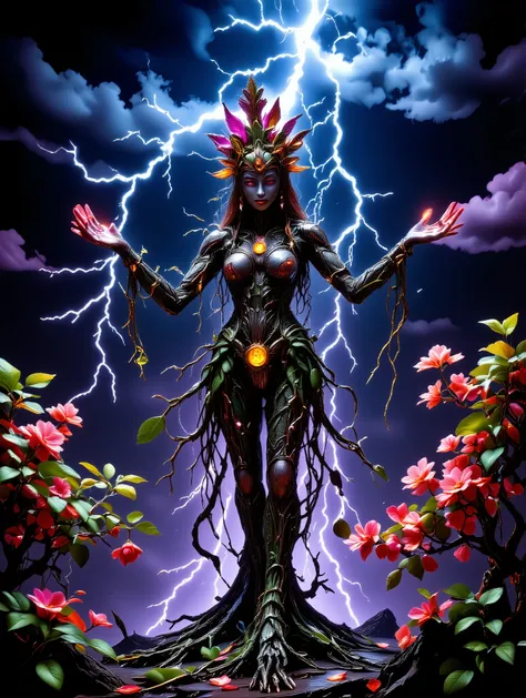 an illustration of a Plant Maiden, with a majestic figure and a harmonious blend of green and pink colors. Her body is adorned with mechanical bark, covered in moss, and enhanced by glowing metal leaf details. Her arms extend tendrils that she controls wi...