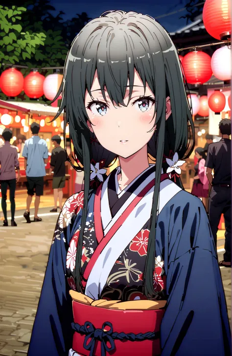  Yukinoshita Yukino , Yukinoshita Yukino, solo,black hair, blue eyes,stupid hair,Low Twin Tails,long hair,White flower pattern kimono,flower hair ornament,smile,blush,close your mouth,Light up fireworks,Japanese stalls ,Red Lantern,crowd,night,standing,ful...