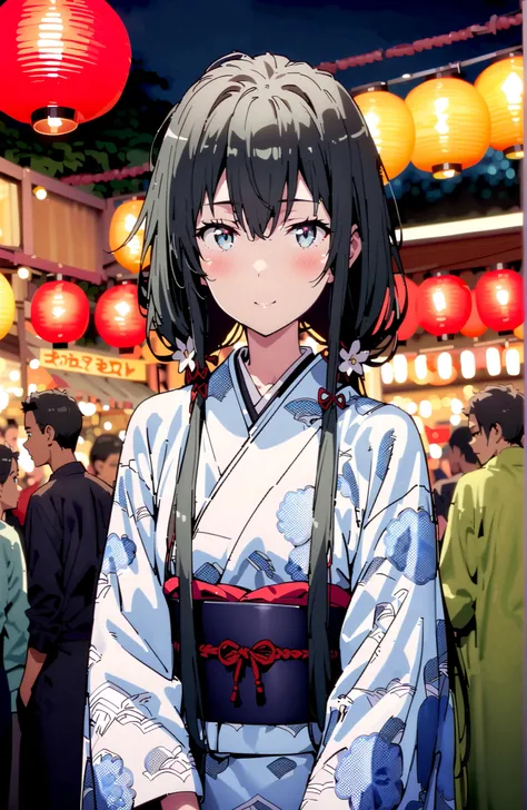  Yukinoshita Yukino , Yukinoshita Yukino, solo,black hair, blue eyes,stupid hair,Low Twin Tails,long hair,White flower pattern kimono,flower hair ornament,smile,blush,close your mouth,Light up fireworks,Japanese stalls ,Red Lantern,crowd,night,standing,ful...