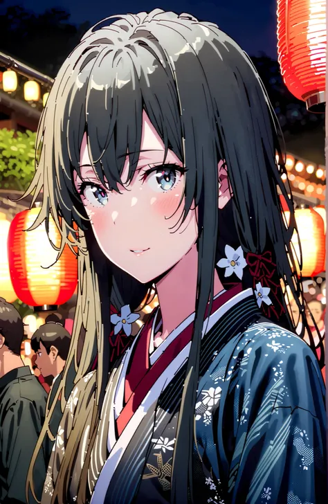  Yukinoshita Yukino , Yukinoshita Yukino, solo,black hair, blue eyes,stupid hair,Low Twin Tails,long hair,White flower pattern kimono,flower hair ornament,smile,blush,close your mouth,Light up fireworks,Japanese stalls ,Red Lantern,crowd,night,standing,ful...