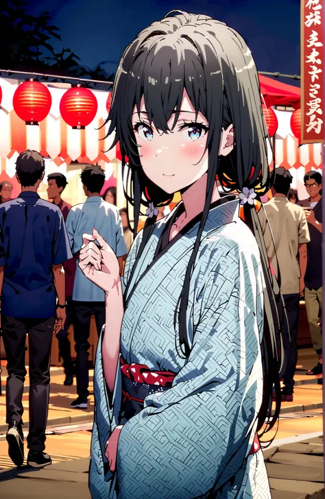  Yukinoshita Yukino , Yukinoshita Yukino, solo,black hair, blue eyes,stupid hair,Low Twin Tails,long hair,White flower pattern kimono,flower hair ornament,smile,blush,close your mouth,Light up fireworks,Japanese stalls ,Red Lantern,crowd,night,standing,ful...